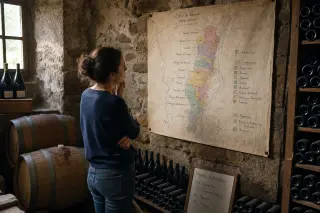 Sommelier in a rustic wine cellar studying an old appellation map near barrels, with soft daylight and an authentic, contemplative atmosphere.