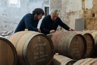 Two winemakers of different generations quietly evaluating wine barrels in a sunlit stone cellar, with chalk notes visible and a natural, contemplative mood.